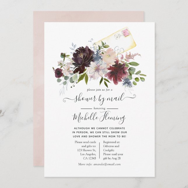 Invitation Bourgogne et Baby shower floral roux par courrier (Devant / Derrière)