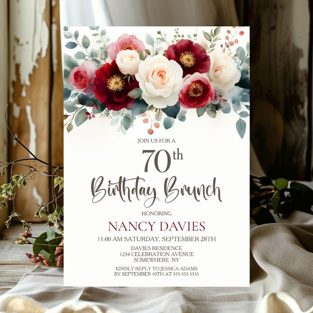 Invitation Bourgogne et blanc Floral 70e anniversaire Brunch (Créateur téléchargé)