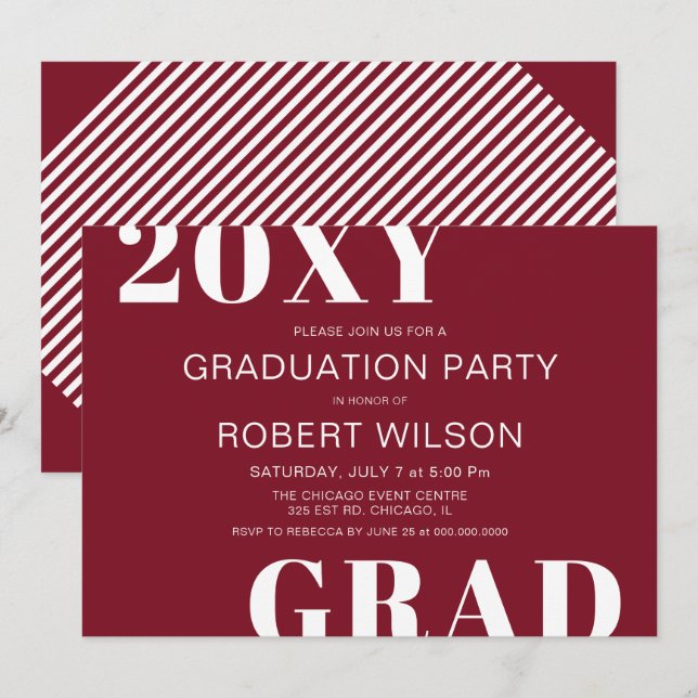 Invitation Bourgogne et blanc Gras Typographie Graduation (Devant / Derrière)