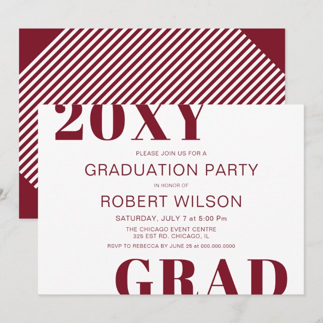 Invitation Bourgogne et blanc Gras Typographie Graduation (Devant / Derrière)