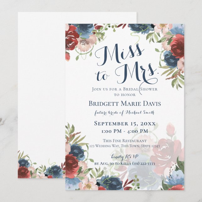 Invitation Bourgogne et bleu Floral Miss à Mme Bridal Showe (Devant / Derrière)