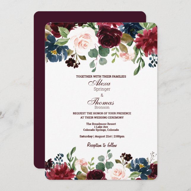 Invitation Bourgogne et bleu Mariage anglais Fleurs (Devant / Derrière)