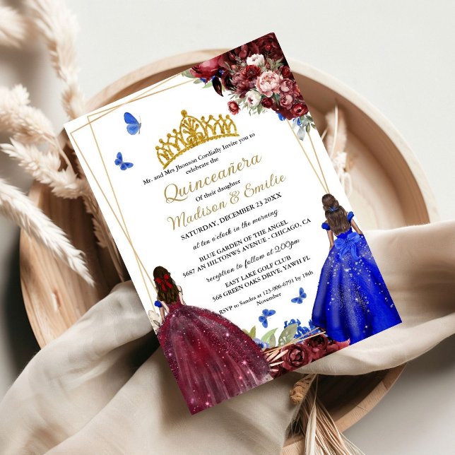 Invitation Bourgogne et bleu Royal Butterfly Twin Quinceanera (Créateur téléchargé)
