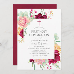 Invitation Bourgogne et Blush Floral Première communion saint