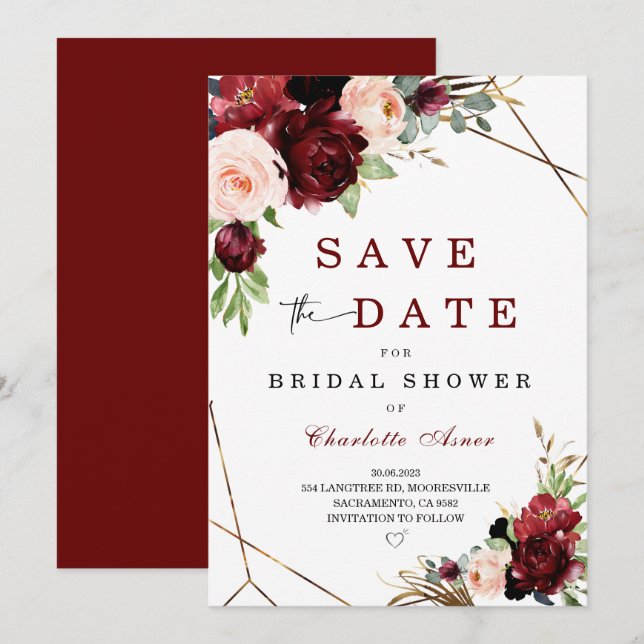 Invitation Bourgogne et Blush Save the Date pour la Fête de M (Devant / Derrière)