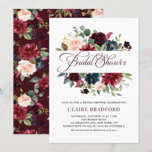 Invitation Bourgogne et cadre floral bleu Fête des mariées d'