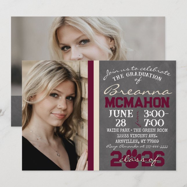 Invitation Bourgogne et crème Empreinte de patte Graduation 2 (Devant / Derrière)