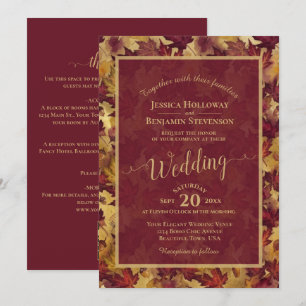 Invitation Bourgogne et feuilles d'or Calligraphie Code QR Ma