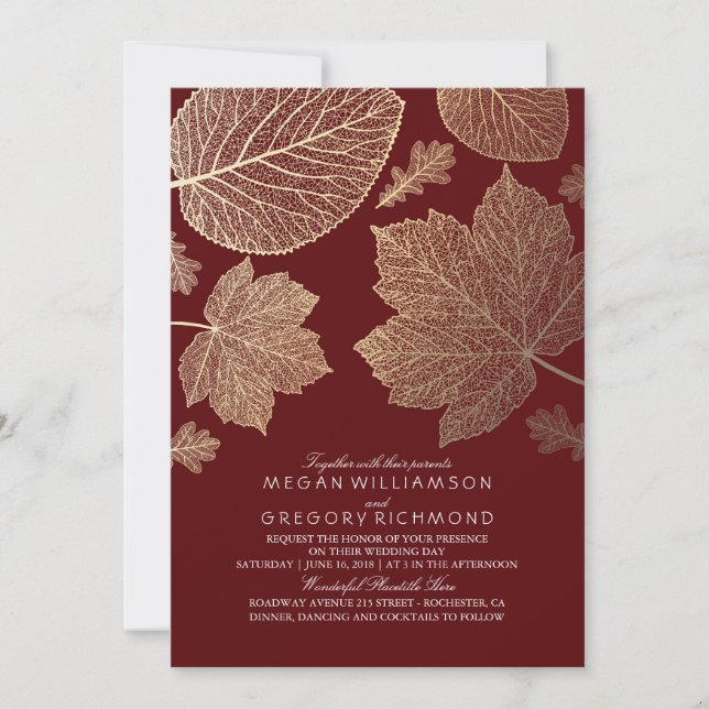 Invitation Bourgogne et Feuilles d'or Mariage de automne Vint (Devant)