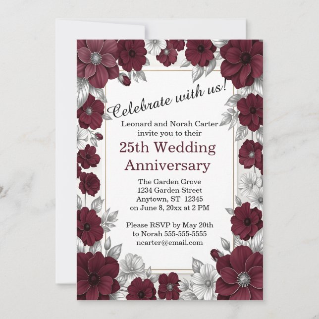 Invitation Bourgogne et Fleurs Argent 25e Anniversaire (Devant)