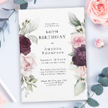 Invitation Bourgogne et fleurs roses 60e anniversaire<br><div class="desc">Célébrez un anniversaire marquant spécial avec cette belle invitation de fête d'anniversaire botanique rose d'aquarelle qui présente des bordures florales de chaque côté du texte élégamment placé. Les couleurs comprennent le rose pâle, le rouge bordeaux profond et le prune mélangés à la verdure éthérée et de minuscules fleurs blanches d'accent....</div>