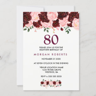 Invitation Bourgogne et fleurs roses 80e anniversaire Invitat