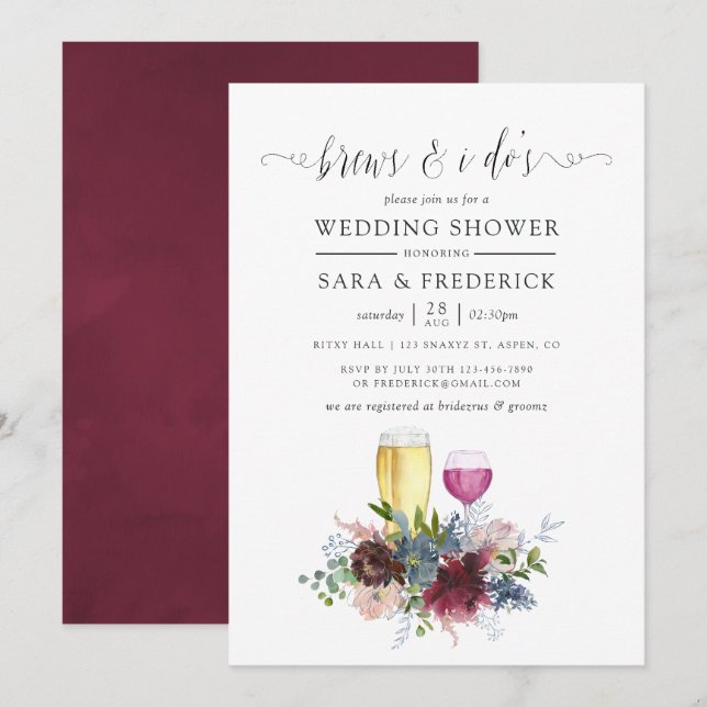 Invitation Bourgogne et floral marine Avant les je le fais (Devant / Derrière)