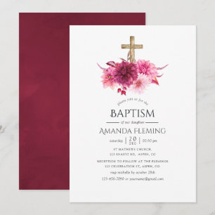 Invitation Bourgogne et floral rose baptême ou baptême