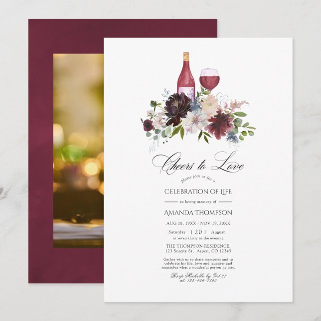 Invitation Bourgogne et floral rose en vin pour la célébratio (Devant / Derrière)