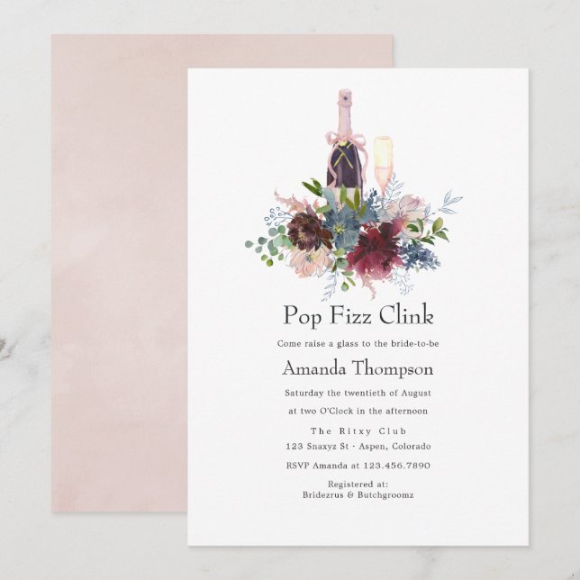 Invitation Bourgogne et floral rose mariage pop fizz clink (Devant / Derrière)