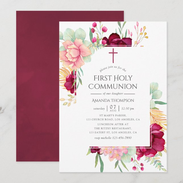 Invitation Bourgogne et floral rose Première Sainte Communion (Devant / Derrière)