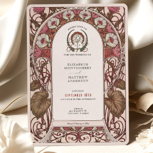 Invitation Bourgogne et florales d'ivoire Art Nouveau Mariage