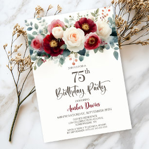 Invitation Bourgogne et Flore blanche 75e fête d'anniversaire