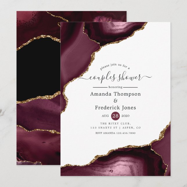 Invitation Bourgogne et Gold Agate Couples Douche (Devant / Derrière)