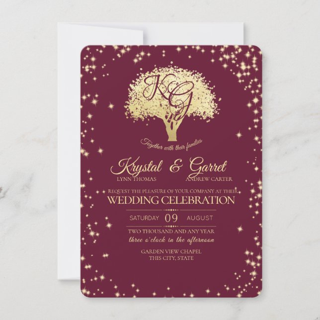 Invitation Bourgogne et Gold Tree et Mariage étincelant (Devant)