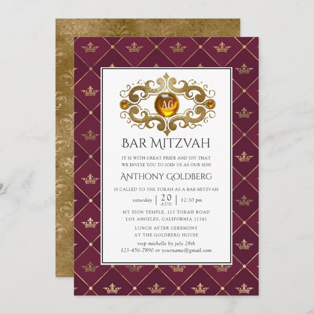 Invitation Bourgogne et héraldique d'or Monogram Bar Mitzvah (Devant / Derrière)