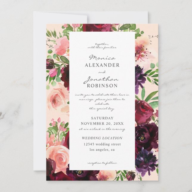 Invitation Bourgogne et Mariage floral roux sur rose V2 (Devant)
