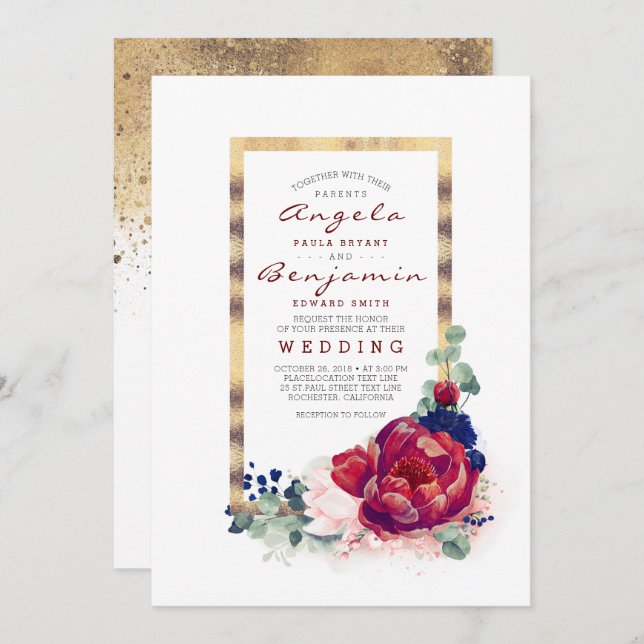 Invitation Bourgogne et marine Blue Floral Gold Frame Mariage (Devant / Derrière)