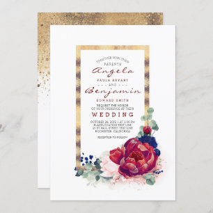 Invitation Bourgogne et marine Blue Floral Gold Frame Mariage