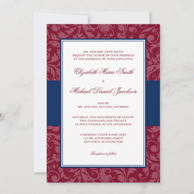 Invitation Bourgogne et marine Damask Swirl Wedding Invitatio (Devant)