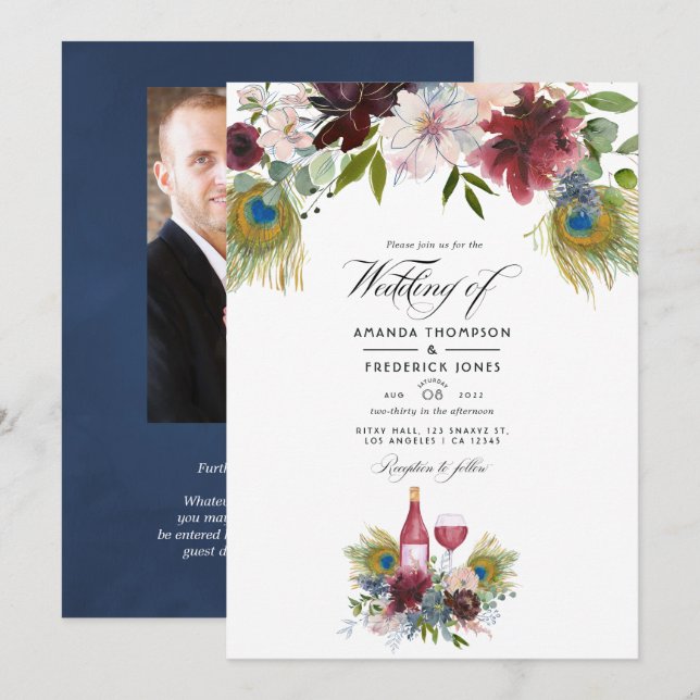 Invitation Bourgogne et marine Peacock Vin à thème Mariage In (Devant / Derrière)