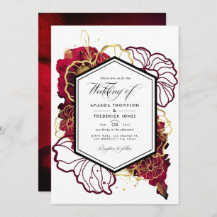 Invitation Bourgogne et or Abstrait Floral Mariage photo