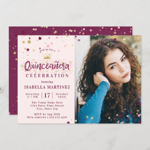 Invitation Bourgogne et or Confetti Quinceañera avec photo