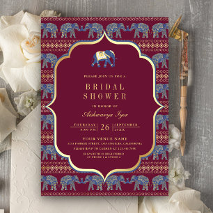 Invitation Bourgogne et Or Éléphant Fête de Mariage Indienne