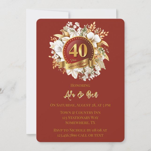 Invitation Bourgogne et or Floral 40e anniversaire Mariage (Devant)