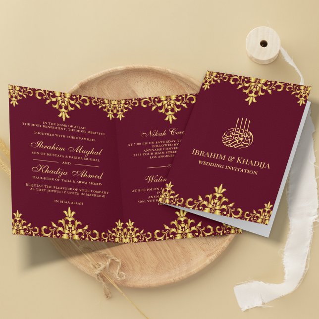 Invitation Bourgogne et or Foil Damask Mariage islamique (Créateur téléchargé)