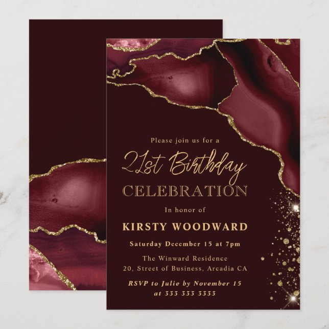 Invitation Bourgogne et Or Paillettes Agate 21e Anniversaire (Devant / Derrière)