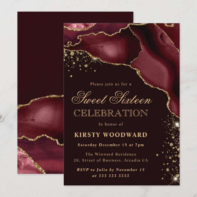 Invitation Bourgogne et Or Paillettes Agate 21e Anniversaire (Devant / Derrière)