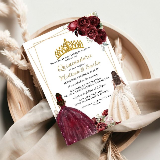 Invitation Bourgogne et papillon ivoire Twin Quinceanera (Créateur téléchargé)