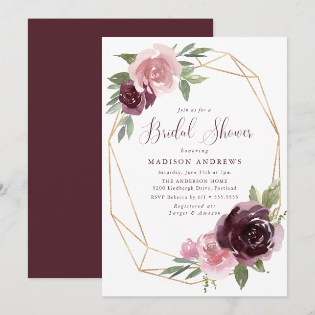 Invitation Bourgogne et rose blush floral | Réception de mari (Devant / Derrière)