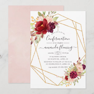 Invitation Bourgogne et rose bohème géométrique de confirmati