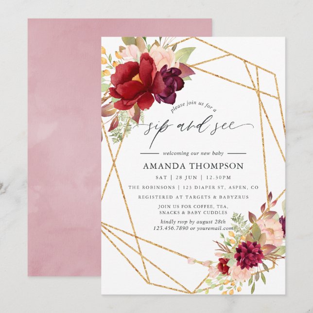 Invitation Bourgogne et rose bohème géométrique Sip and See (Devant / Derrière)