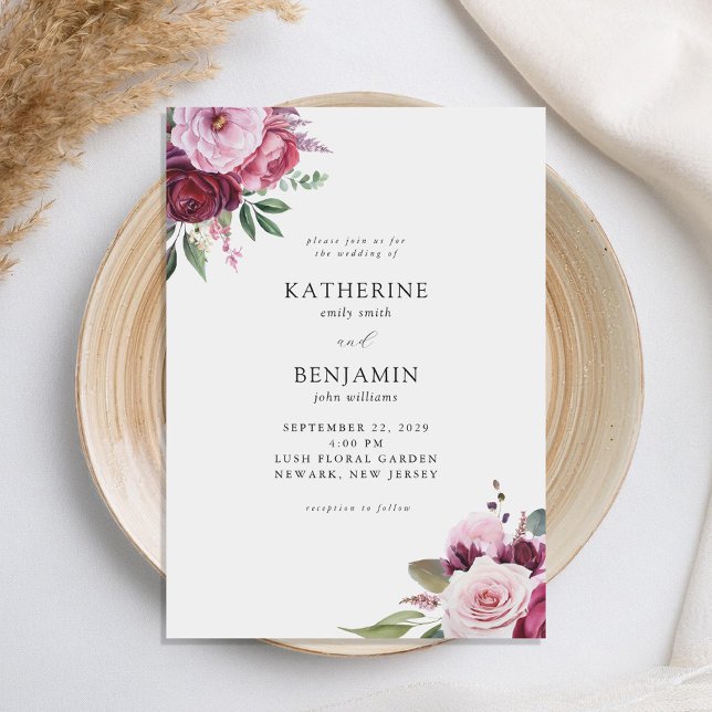 Invitation Bourgogne et rose Elégant Mariage floral (Créateur téléchargé)