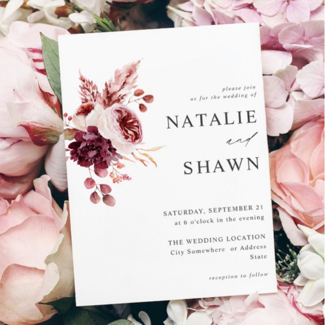 Invitation Bourgogne et rose Floral 8A Mariage (Créateur téléchargé)