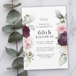 Invitation Bourgogne et rose Floral Élégant 60e anniversaire<br><div class="desc">Célébrez un anniversaire marquant avec cette belle invitation à la fête avec des bordures florales en roses bordeaux et roses de chaque côté du texte élégamment placé. Les couleurs comprennent le rose pâle, le rouge bordeaux profond et le prune mélangés à la verdure éthérée et de minuscules fleurs blanches d'accent....</div>