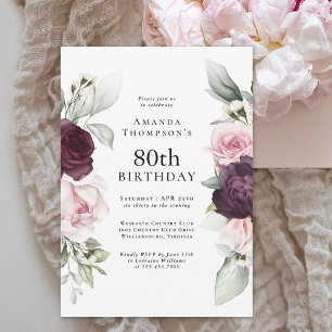 Invitation Bourgogne et rose Floral Elégant 80e anniversaire