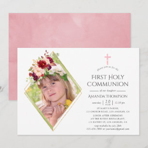 Invitation Bourgogne et rose géométrique Première communion