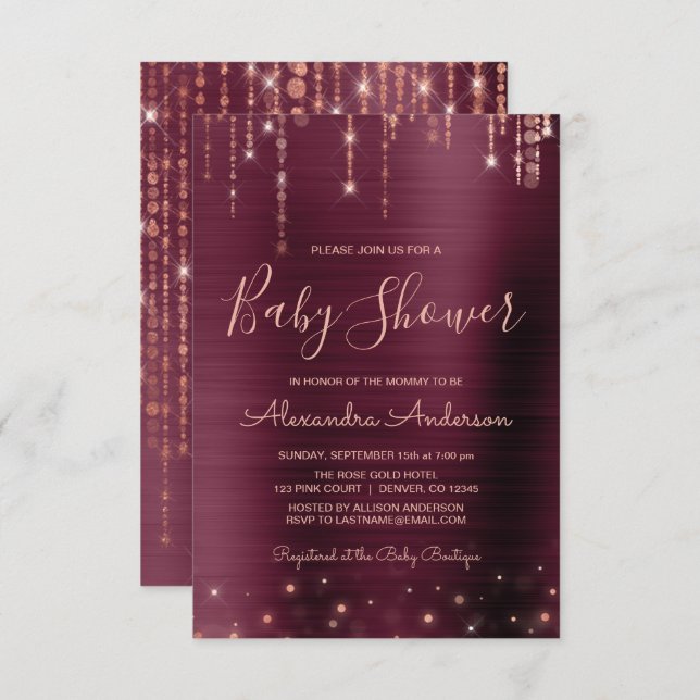 Invitation Bourgogne et Rose Gold Baby shower Party (Devant / Derrière)