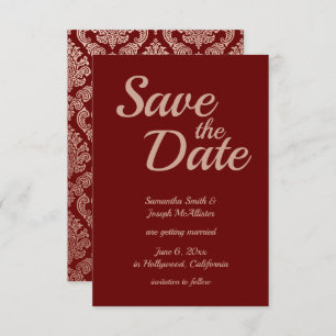 Invitation Bourgogne et Rose Gold Damask Enregistrer la date