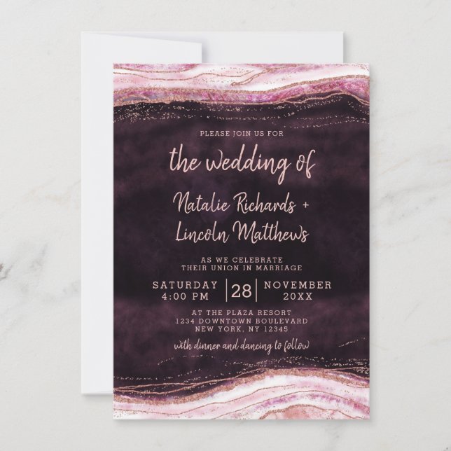 Invitation Bourgogne et Rose Gold Geode Agate Rock Mariage (Devant)